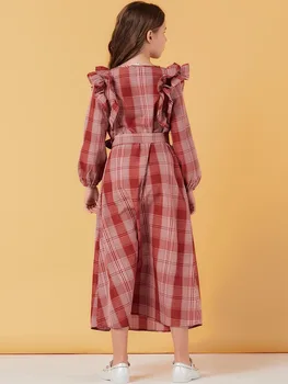 Ruffles Raudonas Pledas Diržo Maxi Suknelės Vaikams Mergaitė Princesė Šifono Musulmonų mergaitės atsitiktinis suknelės, šaliai, 10 12 metų
