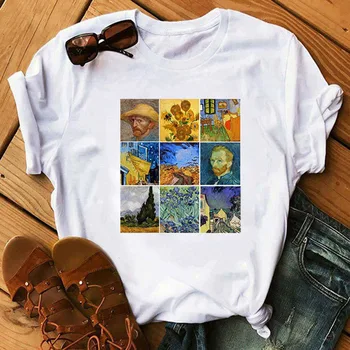 Saulėgrąžų Spausdinti Marškinėlius Van Gogho Meno Tee mergina Marškinėliai Mados Moterų Viršūnių Tee Harajuku T-shirts Moterų Drabužiai Camiseta Femina