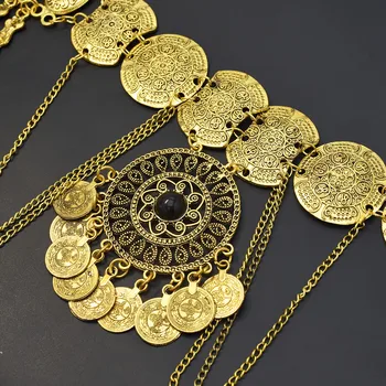 Seksualus Indijos Aukso Metalo Tuščiaviduriai Monetos Ilgai Kutas Pilvo Grandinės Boho Gėlių Šokių Bikini Pilvo Suknelė, Diržas Moterų Monetų Juosmens Grandinės