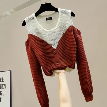 Seksualus Off-Pečių Džemperis Moterims ilgomis Rankovėmis Megzti Marškiniai, Moterų Topai Trumpas Laisvas Megztinis