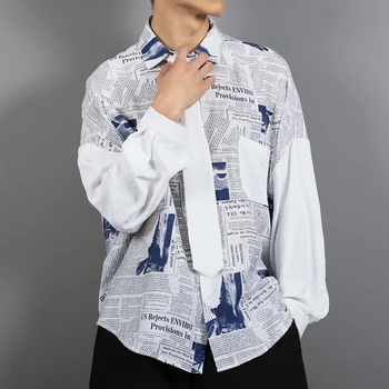 Siųsti Necktie 2019 Vyrų Havajų ilgomis Rankovėmis Laikraščių Spausdinimo Marškinėliai Sujungimas Spalvos prancūzų Manžetai Mens Mados Marškiniai, Dydis M-2XL