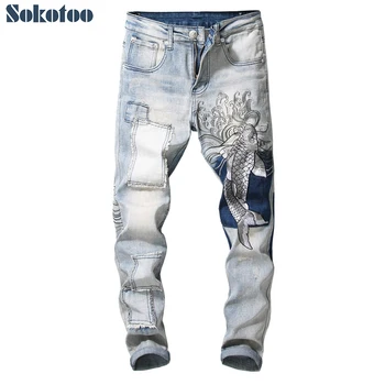 Sokotoo Vyrų derliaus karpis siuvinėjimo kratinys džinsai Slim fit straight ruožas džinsinio audinio kelnės