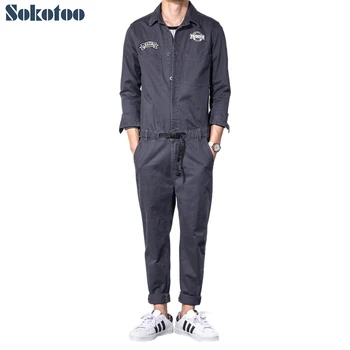 Sokotoo vyriški tamsiai pilkos spalvos, ilgomis rankovėmis slim jumpsuits Atsitiktinis elastinga juosmens pleistrai dizaino džinsai darbo drabužių rinkinys
