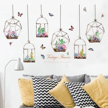 Spalvinga kaktusas gėlių kabinti ant stiklo butelis, Sienų lipdukai, drugeliai, lipdukai gyvenimo kambario, miegamasis menas, sienų lipdukai