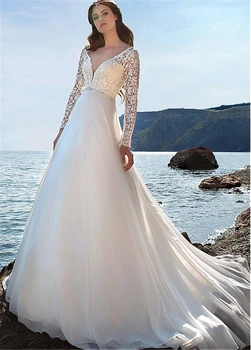 Spalvingas Nėriniais, Šifono V-kaklo Iškirpte-line Paplūdimys Vestuvių Suknelės ilgomis Rankovėmis Nuotakos Suknelė vestido de noche
