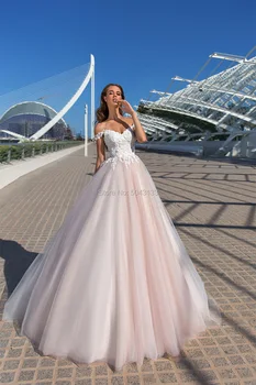 Spalvingi Rožinė Vestuvių Suknelės su Appliques 2021 Brangioji Off Peties Tiulio Vestuvinės Suknelės Rankovių Korsetas Atgal Nuotakos Suknelė