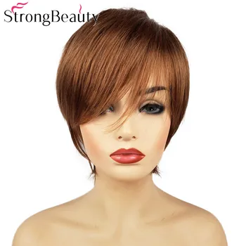StrongBeauty Trumpas Tiesiai Natūralių Plaukų Perukai Moterų Sintetinis Perukas Sluoksniuotos Sumažinti Plaukų Perukai