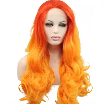 Sylvia Gamtos Banga Perukas Ombre Orange Sintetinių Nėriniai Priekiniai Perukai Ilgi Plaukai, Karščiui Atsparus Pluoštas Plaukų Moterims