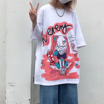 T-shirt Moterims, 2021 M. Vasarą Cartoon Meilę Mergina Grafiti Hip-Hop Tshirts Street Punk Laisvi O-kaklo Studentų Trumpas Pusė Rankovės Viršų