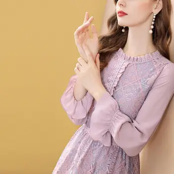 TIK PLIUS prancūzijos Derliaus ilgomis Rankovėmis Nėrinių Suknelė Moterims Pavasario Temperamentas Violetinės A-Line Dresses Kratinys Tuščiaviduriai Iš Vestidos