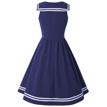 Tamsiai Mėlynas Vintage Preppy Stilius Sailor Apykakle Suknelė Moterims Pin Up Sūpynės Elegantiškas Chalatas, Retro 50s Rockabilly Saldus Mergina Mokykloje Suknelė