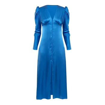Temperamentas Elegantiška Mėlyna Satino Suknelė prancūzijos Derlius V-kaklo Single-breasted Moterys Vidurio Culf Suknelė Aukšto Juosmens Sluoksniuotos Rankovėmis Suknelės