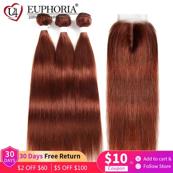 Tiesiai 3 Ryšulius Su 4x4 Nėrinių Uždarymo Ruda 33 99J Raudona Spalva Brazilijos Remy Human Hair Ryšulių Plaukų Su Nėrinių Uždarymo EUPHORI