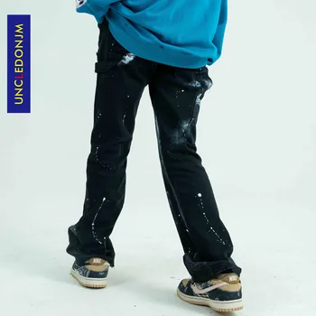 UNCLEDONJM Grafiti Kontrasto Spalvų Siūlėmis Jeans vyriški dizaineris džinsus vyrams aukštos kokybės Nelaimę Flare Kelnės ED-ED948