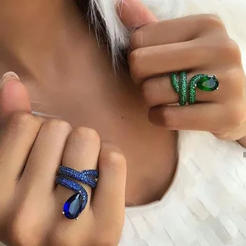 USTAR Gyvatė žiedai moterims bižuterijos Mėlyna Žalia kubinis cirkonis piršto žiedai moterų bague šaliai, Papuošalai