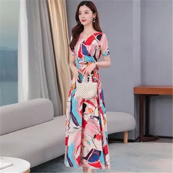 V-kaklo, trumpas rankovėmis šifono suknelė 2019 korėjos vasaros naują temperamentas plonas juosmens šifono gėlių moterims