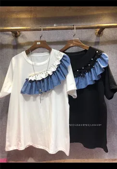 Vasaros Marškinėlius Moteriai Naujas korėjiečių Stiliaus Nereguliarus Raukiniai Susiuvimo trumpomis Rankovėmis T-shirt Prarasti Viršūnes Moterų Atsitiktinis Didelio Dydžio Trišakius