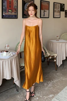 Vasaros Moterų Klostuotas Satino Šviečia Aukso Bakas Suknelė Moterų Camisole Rankovių Ilgio Suknelės Moterims