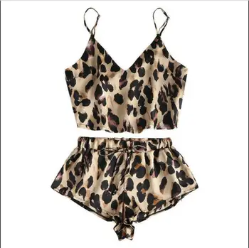 Vasaros Moterų Mados 2vnt Sleepwear Seksualus Leopard apatinis Trikotažas Berankovis Viršų Šortai Pajama Rinkinys