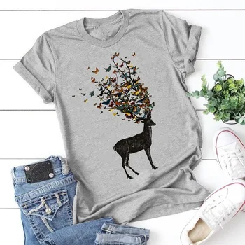 Vasaros Moterų Mados T-shirt Elnias Drugelis Atspausdinta Tee Plius Dydis O-kaklo trumpomis Rankovėmis, Moterų Topai Marškinėliai