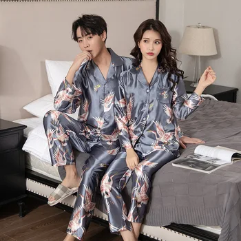 Vasaros Mylėtojai Pora Šilko Pižama Pyjama Rinkinys, Skirtas Moterims, Vyrams, Kinijos krano Spausdinti ilgomis rankovėmis Sleepwear Viskozė Namų Drabužiai