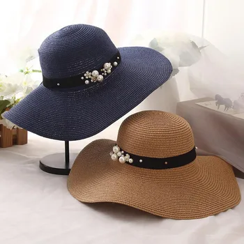 Vasaros šiaudų skrybėlę moterys didelis, platus kraštų paplūdimio skrybėlę nuo saulės skrybėlę, sulankstomas visiškai nepraleidžia saulės spindulių UV apsauga pearl panamos skrybėlė kaulų chapeu feminino