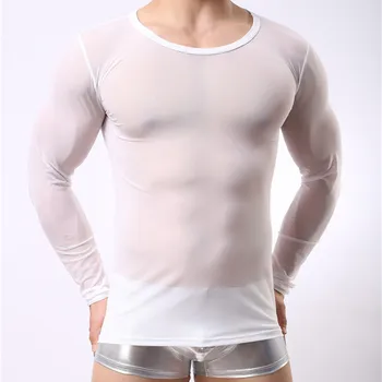 Vyrai Undershirt Gėjų drabužių Nailono Akių marškinėliai vyrams Pamatyti, Vien dėl savo ilgomis Rankovėmis T Shirts Vyras Seksualus, skaidrus marškiniai Apatiniai