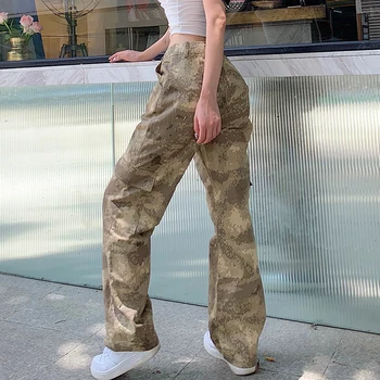 Weekeep Kratinys Kišenėje Aukštos Juosmens Kamufliažas Krovinių Kelnės Streetwear Moterų Rudenį Harajuku Baggy Hip-Hop Tiesios Kelnės 2020 M.