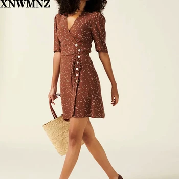 XNWMNZ ZA Moterų Elegantiškos Mados Spausdinti Mygtuką-iki Wrap Mini Suknelė Vintage V-Kaklo trumpomis Rankovėmis Vasaros Paplūdimio Moterų Suknelės, Vestidos