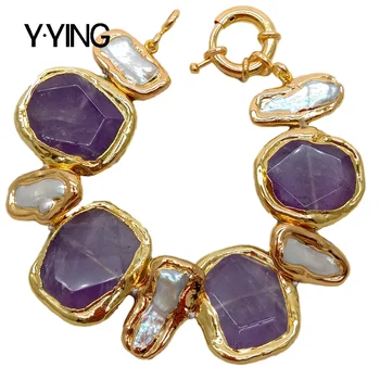 Y·YING Gėlavandenių Baltųjų Biwa Perlų violetinė akmuo kryptis Apyrankę 8