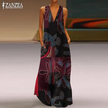 ZANZEA 2021 Enthic Spausdinti Maxi Suknelė Moterų Vasaros Sundress V Kaklo, Rankovių Bakas Suknelė Kratinys Sarafans Plus Size Vestidos