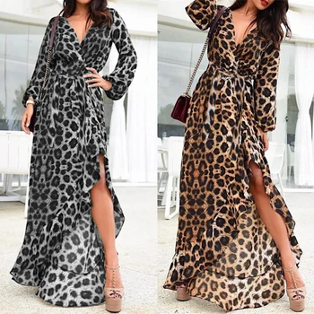 ZANZEA Moterų Sexy Leopard Print Suknelė, Ilgas, Maxi Vestidos Ponios Nesimetriškas Aukštos Padalinta Raukiniai Suknelės 2021 M. Vasarą Sundress