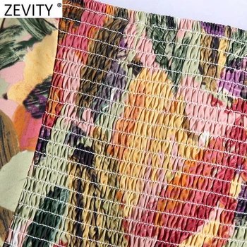 Zevity 2021 Moterys Spalvingais Grafiti Spausdinti Trumpi Marškinėliai Femme Klostyti Sluoksniuotos Rankovėmis Elastinga Atsitiktinis Slim Palaidinė Roupas Prašmatnus Viršūnes LS7697