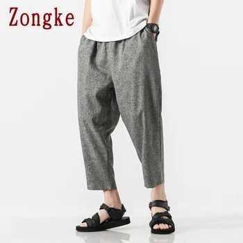 Zongke Kulkšnies Ilgis Lino Kelnės Vyrams Japonijos Streetwear Vyrų Poilsiu Sweatpants Kelnės Vyrams Kelnes Harajuku Hip-Hop 2021 M. Pavasarį