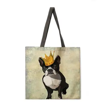 Šuo portretas katė nešti maišą daugkartinio naudojimo paplūdimio krepšys lininis audinys atsitiktinis nešti maišą ponios vieną petį, sulankstomas pirkinių krepšys