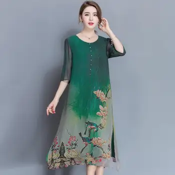 Žalia Šilko Suknelė Su Mygtukais Atsitiktinis Pusė Rankovės Gėlių Spausdinti Elegantiškas Kinijos Maxi Suknelės Moterims 2021 M. Vasaros Suknelės, Plius Dydis