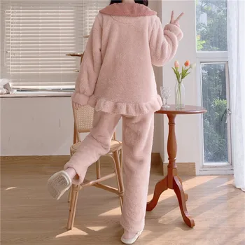 Žiemos Koralų Aksomo Šilta Pižama Korėjos Kawaii Lolita Princess Pajama Mados Atsitiktinis Sweet Home Dėvėti Pižamos Moterims Sleepwear