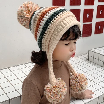 Žiemos Kūdikis, šiltas megzti vilnos kepurė vaikams tirštėti pliušinis kamuolys skrybėlę berniukas mergaitė kepuraitė skullies Harajuku balaclava mados kaukę, kepurę rinkinys