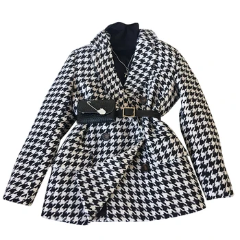 Žiemos striukė nauja korėjos versija su juosmens krepšys houndstooth vilnoniai paltai kostiumas storas ir purus