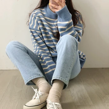 2 spalvų 2019 žiemos korėjos stiliaus juostele šiltas megztas pusė golfo moteriški megztiniai megztiniai ir puloveriai (C9397)