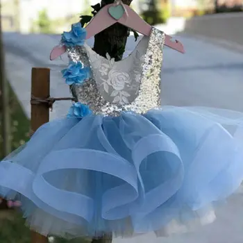 2019 2-7Y Merginos Princesė Suknelė Blizgučiais Nėrinių Kratinys Gėlės Berankovis Suknelė