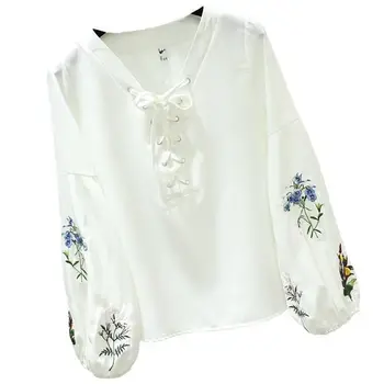 2019 M. Vasarą Moterys Siuvinėjimo Šifono Marškinėliai Moteriška Elegantiškas Žibintų Rankovės Kietasis Palaidinė Lady Kryžiaus Tvarstis Plius Dydis Marškinėliai Z470