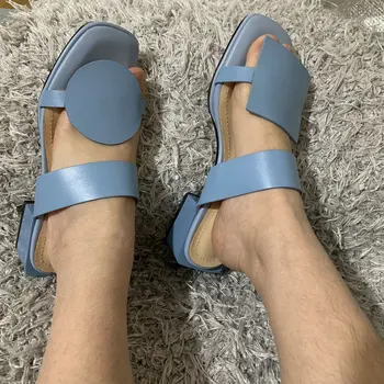 2019 Naujas vasaros batai moterims, šlepetės pu odos 4.2 cm aikštėje kulniukai geometrijos moterų sandalai ponios atsitiktinis batų dydį, 32-48