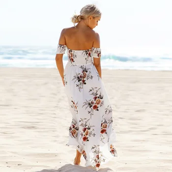 2019 S-5XL Boho stiliaus ilga suknelė moterims Off peties paplūdimio vasaros suknelės Gėlių spausdinti Derliaus šifono balta maxi suknelė vestidos
