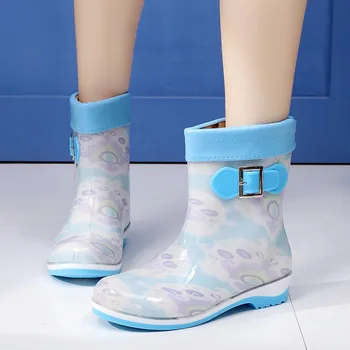 2019 naujas mados kokybės lady PVC guminiai batai, šilti lietaus batai šviesūs moterų aukštakulnį elastinga mažo vamzdelio rainboots moterų batai