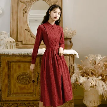 2019 naujas mados moteriški drabužiai Vintage red rudenį ilgomis rankovėmis suknelė moterų suknelė