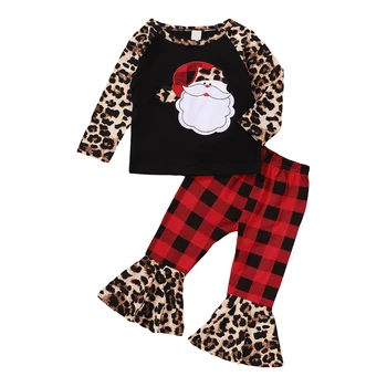 2020 Kalėdų Vaikams Baby Girl 1T-6T Drabužių Rinkiniai ilgomis Rankovėmis Leopard marškinėliai Pledas Blyksnius Ziajać Bell Bottom 2VNT Kalėdos Rinkinys
