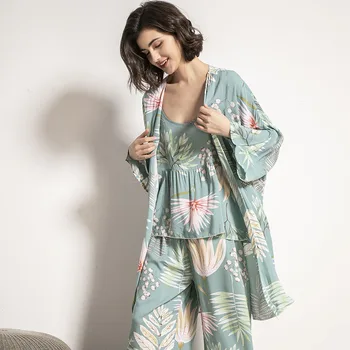 2020 M. Pavasarį Ir Rudenį Animacinių Filmų Saulėgrąžų Spausdinti Moterų Sleepwear Žydros Spalvos Medvilnės Satino Pižama Nustatyti Ponios Prarasti Plonas Homewear