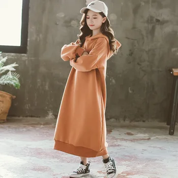 2020 M. Rudenį, Žiemą Paauglių Mergaičių Ilgai Stiliaus Suknelė Su Gobtuvu Korėjos Vaikų Medvilnės Drabužius Vaikams Mergaitėms Atsitiktinis Suknelės Tirštėti, #9175