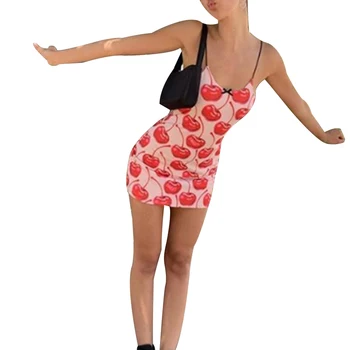 2020 Moterų Suknelė Moterų Cherry/Drugelis Spausdinti Rankovių Aukštos Juosmens Mini Pieštuku Bodycon Slim Šalies Mielos Ponios Mados Drabužiai
